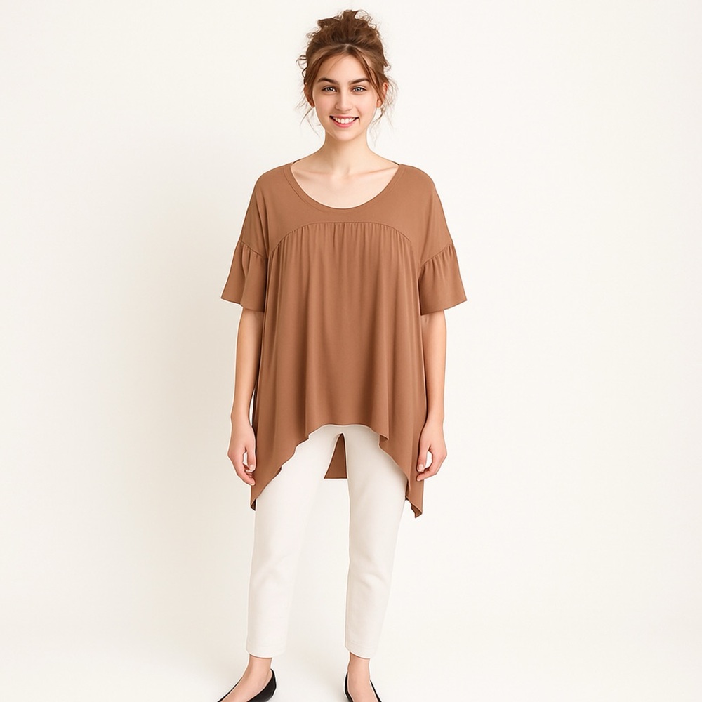 Desheng Tunic Top Oversized Taupe V Neck‎ Ruffled Sleeves, Size M/L